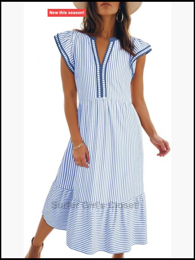 V-Neck Ruffle Cap Sleeve Empire Waist Flowy Striped Midi Maxi Dress With Pockets